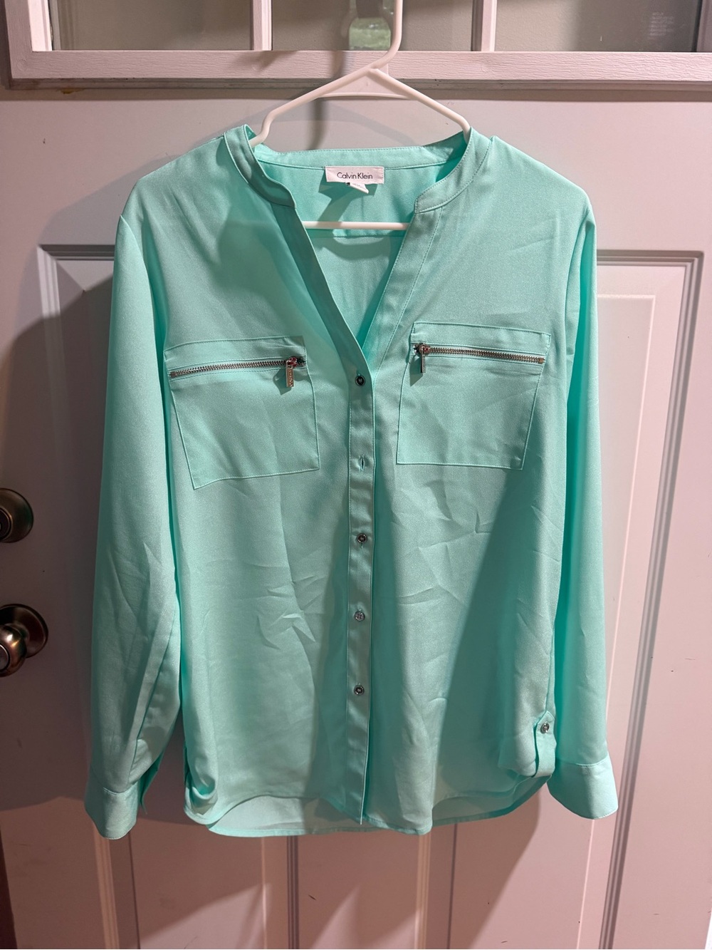 Calvin Klein Mint Green Button-Front Zip Pocket Blouse